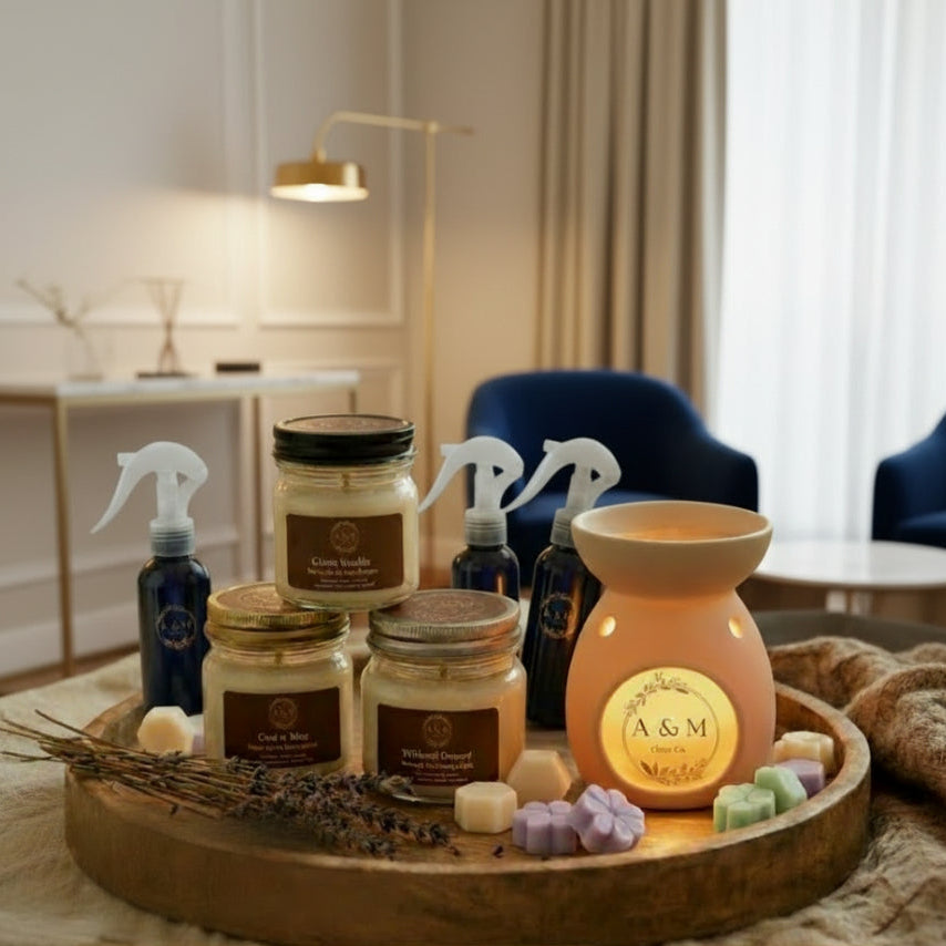 A&M Glow Co. product display with candles, diffusers, and sprays on a wooden tray.